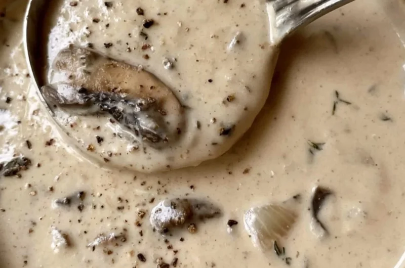 Bowl of creamy mushroom soup garnished with fresh herbs