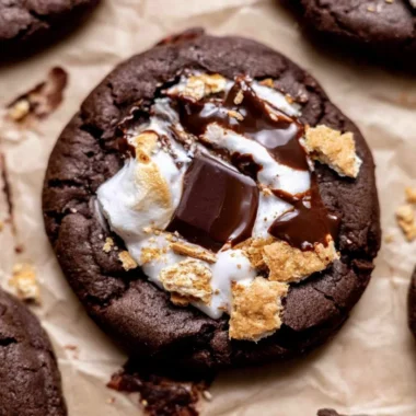 Double chocolate s'mores cookies stacked on a plate with melted marshmallow.