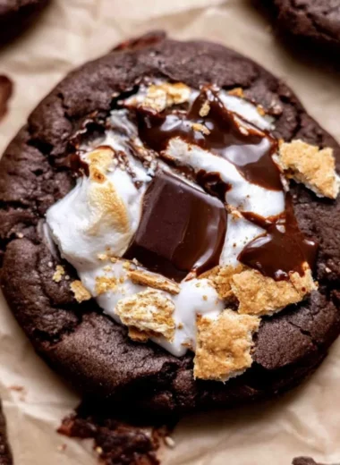 Double chocolate s'mores cookies stacked on a plate with melted marshmallow.