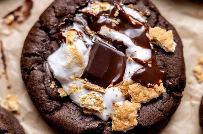 Double chocolate s'mores cookies stacked on a plate with melted marshmallow.