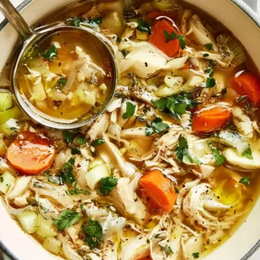 Bowl of easy and healthy homemade chicken soup with vegetables and herbs