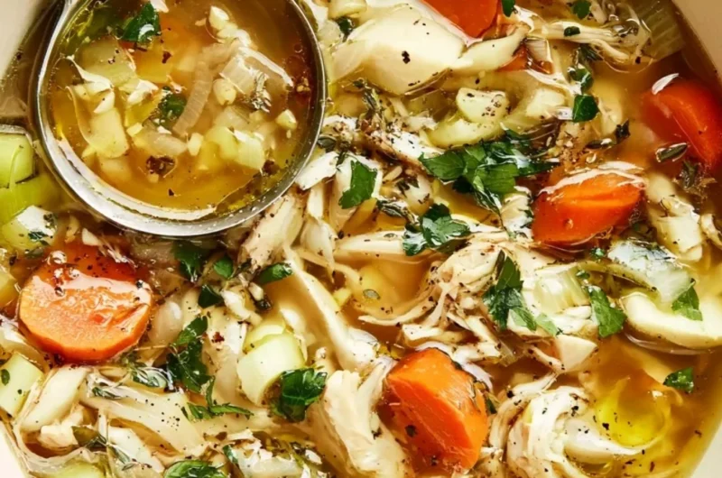 Bowl of easy and healthy homemade chicken soup with vegetables and herbs