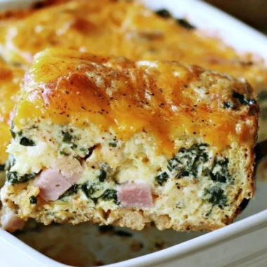 Ham & Cheese Breakfast Casserole with Spinach on a serving dish
