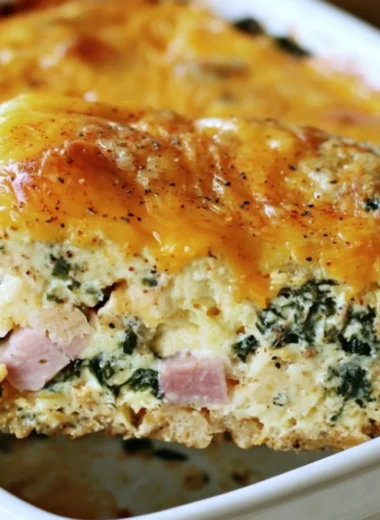 Ham & Cheese Breakfast Casserole with Spinach on a serving dish