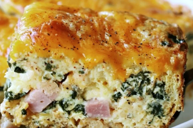 Ham & Cheese Breakfast Casserole with Spinach on a serving dish