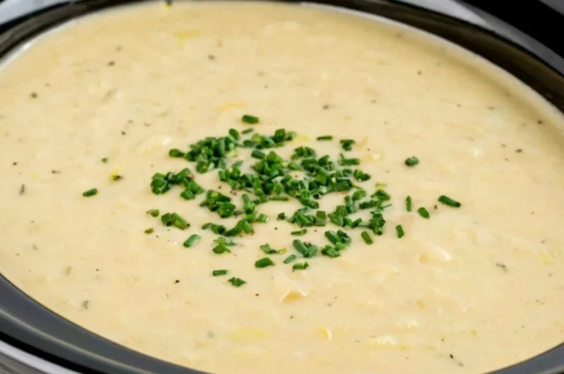 Bowl of slow cooker potato leek soup with fresh herbs and crusty bread