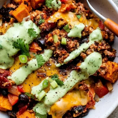 Delicious Sweet Potato Turkey Black Bean Bake topped with fresh herbs