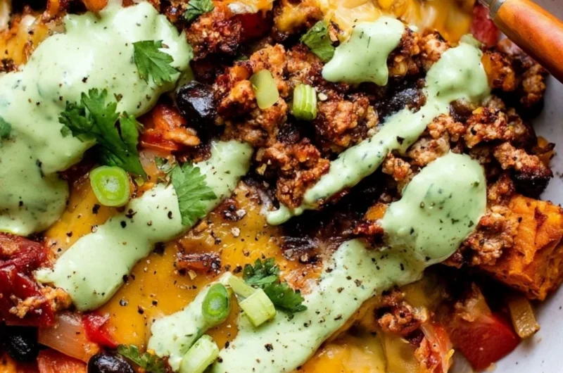 Delicious Sweet Potato Turkey Black Bean Bake topped with fresh herbs